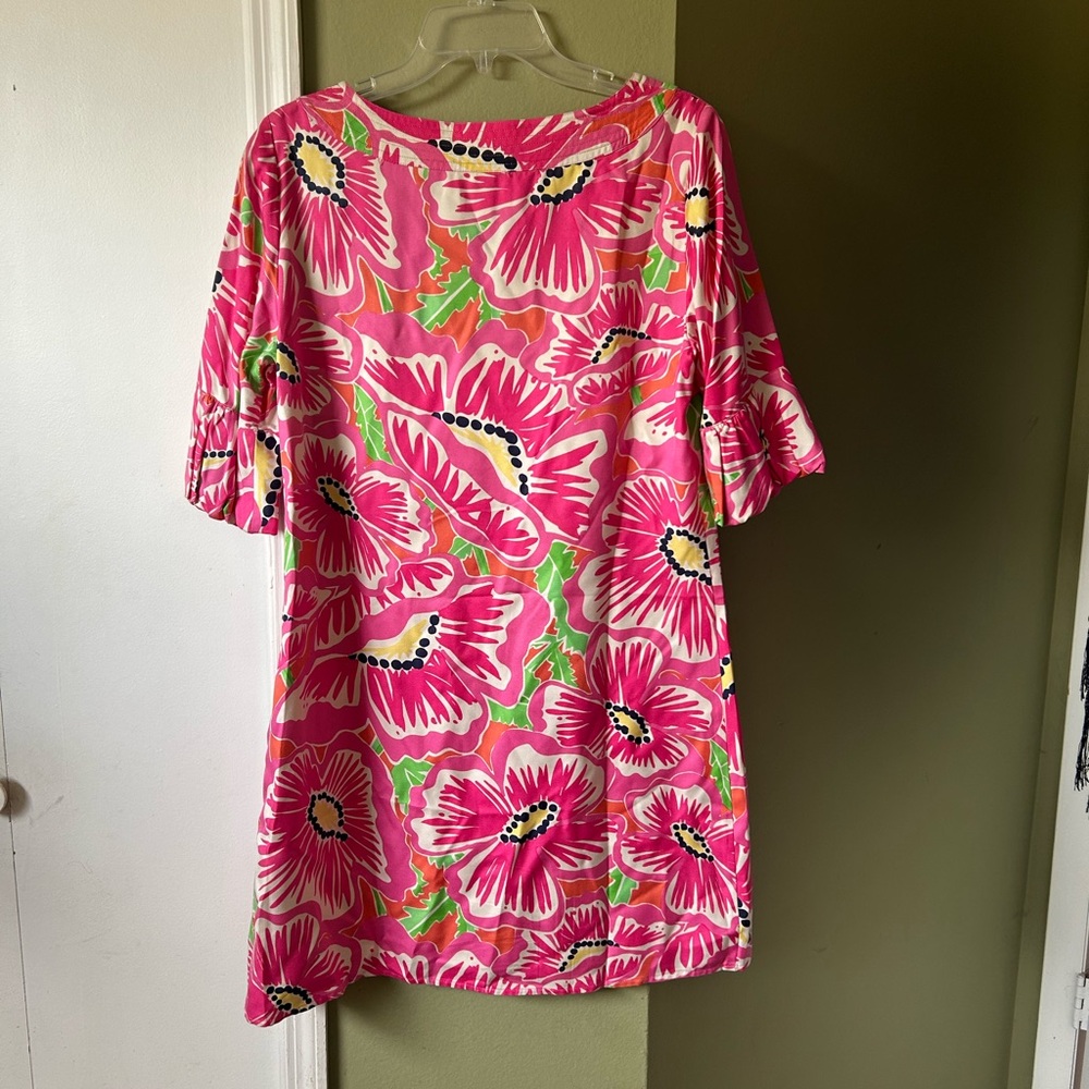 Lilly Pulitzer Silk Pink and Green Floral 3/4 Sleeve Tunic Dress Top Sz - Picture 2 of 10
